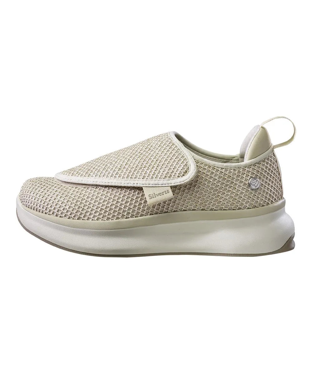 June Adaptive Women's Extra Wide Comfort Adjustable Shoes in Oyster, side view highlighting the sleek design and adjustable closure.