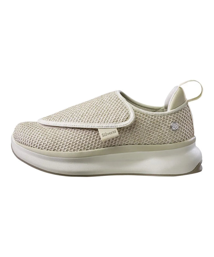 June Adaptive Women's Extra Wide Comfort Adjustable Shoes in Oyster, side view highlighting the sleek design and adjustable closure.