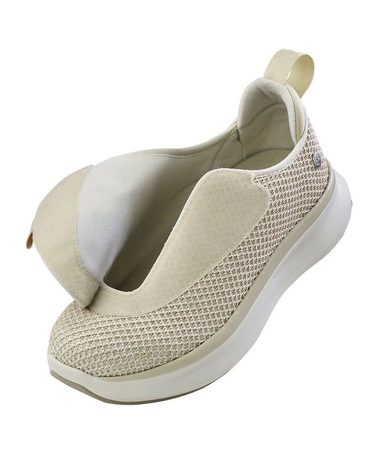 Front angled view of June Adaptive Women's Extra Wide Comfort Adjustable Shoes in Oyster, showing the open easy closure for accessibility and comfort.