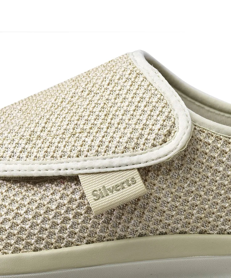 Close-up of the textured mesh design on June Adaptive Women's Extra Wide Comfort Adjustable Shoes in Oyster, highlighting the breathable material