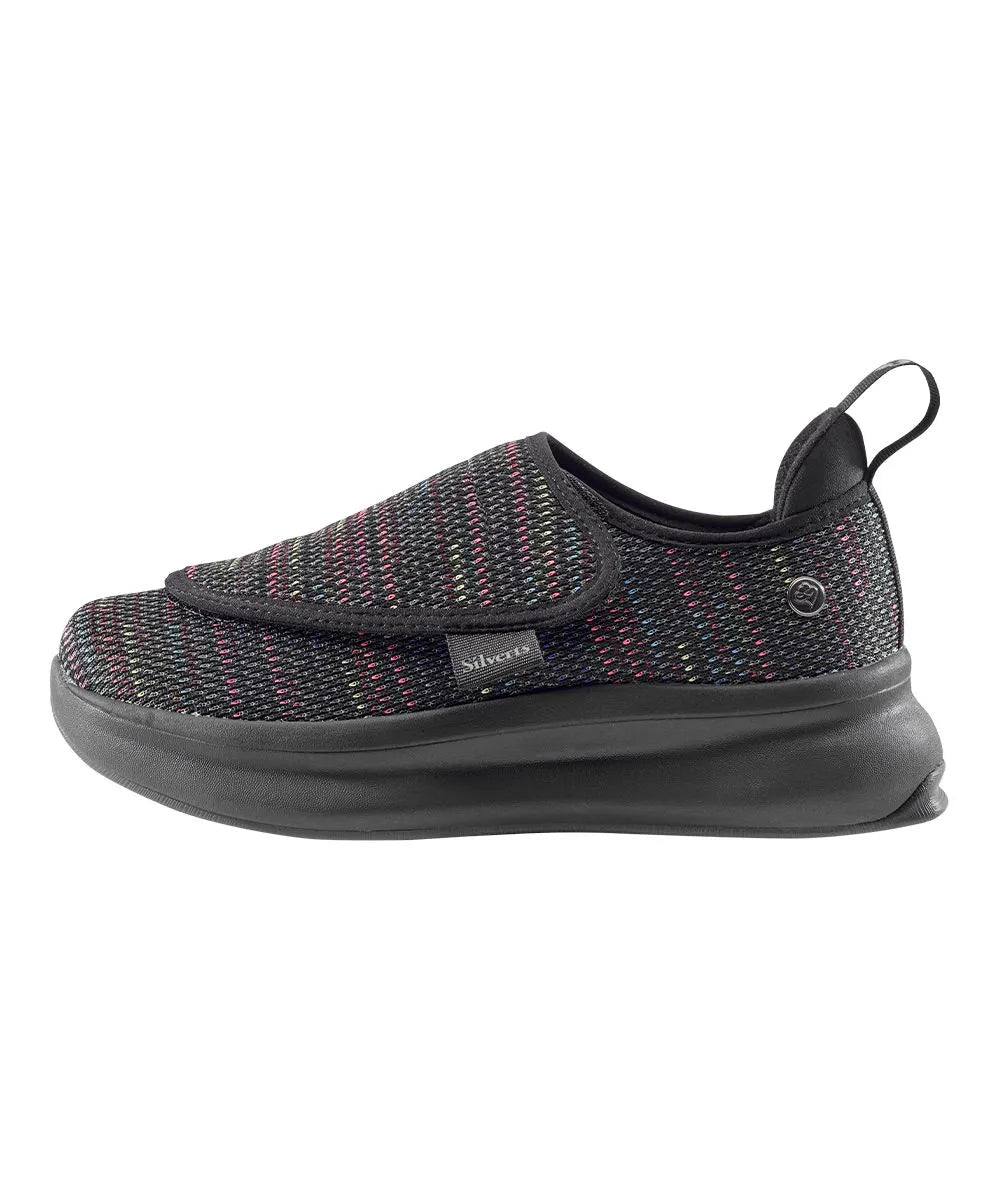 June Adaptive Women's Extra Wide Comfort Adjustable Shoes in Black Speckle, side view highlighting the sleek design and adjustable closure.