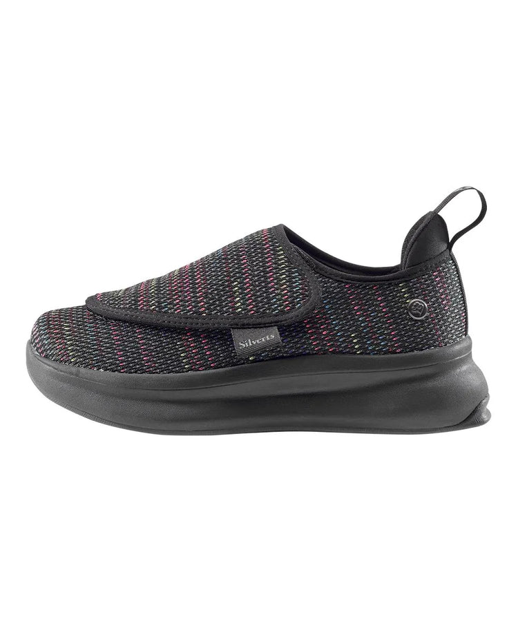 June Adaptive Women's Extra Wide Comfort Adjustable Shoes in Black Speckle, side view highlighting the sleek design and adjustable closure.