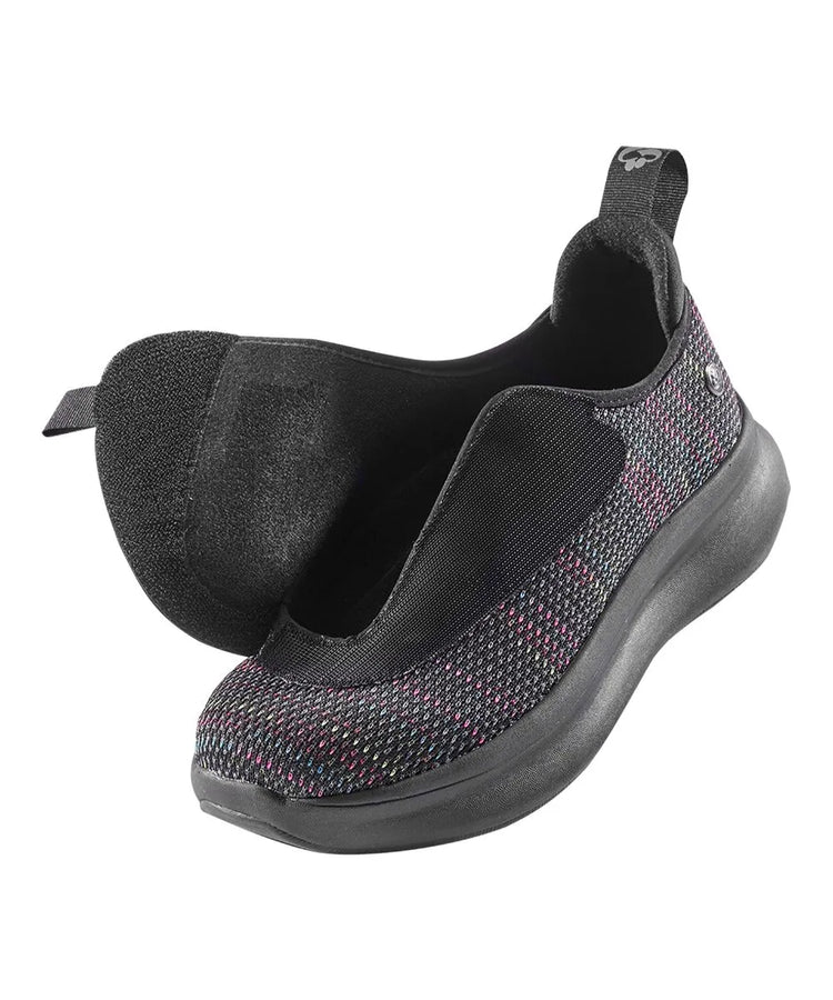 Front angled view of June Adaptive Women's Extra Wide Comfort Adjustable Shoes in Black Speckle, showing the open easy closure for convenience.
