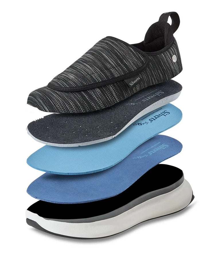 June Adaptive Women's Extra Wide Comfort Adjustable Shoes with Easy Closures, featuring a detailed exploded view showcasing the shoe's multiple layers and materials