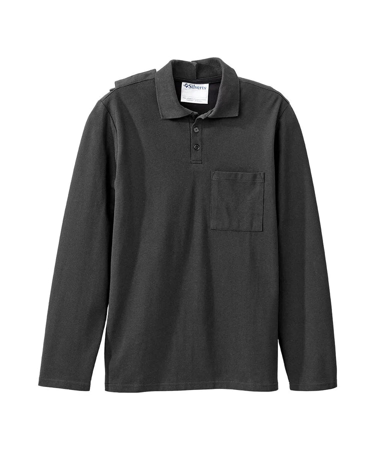 june adaptive mens long sleeve polo shirt with open back in Black