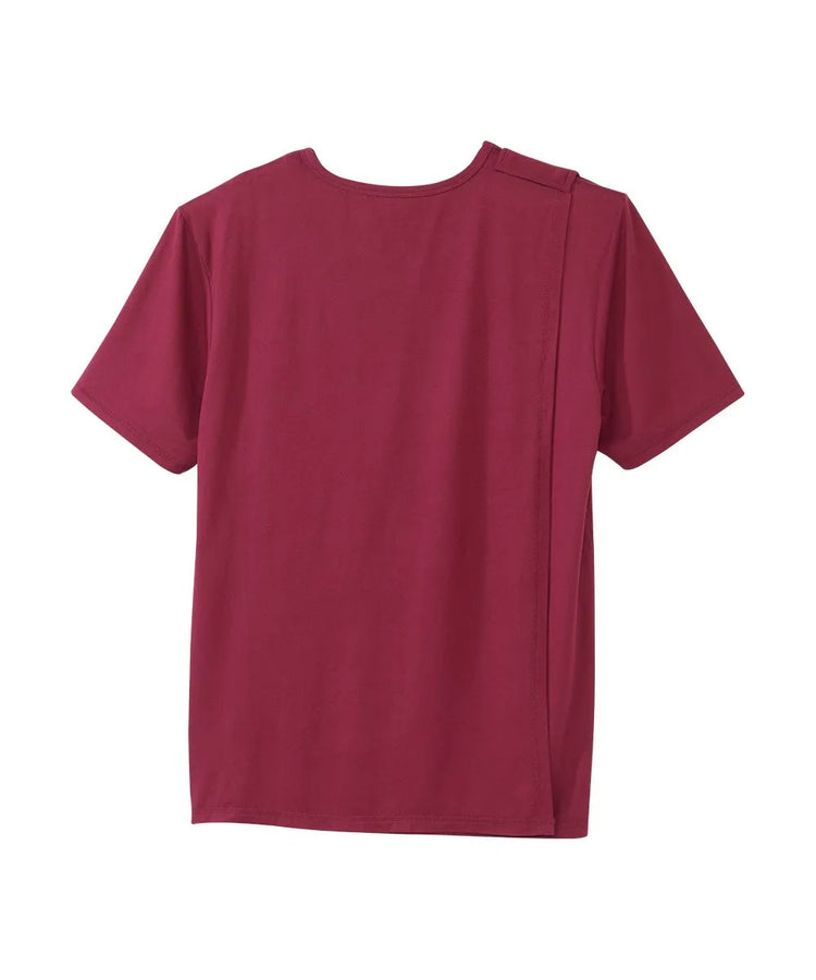 Wine crew neck t shirt with back closure snaps.