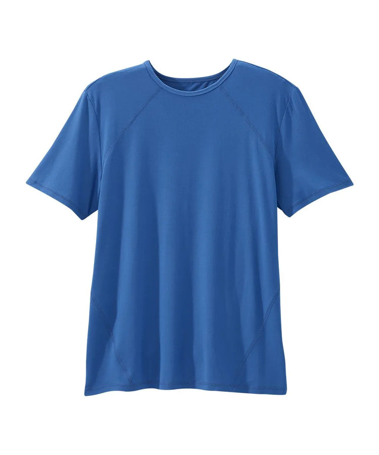 Electric Blue crew neck t shirt with back closure snaps.