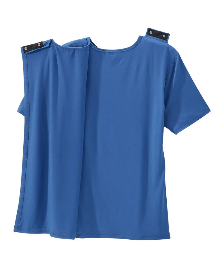 Electric Blue crew neck t shirt with back closure snaps.