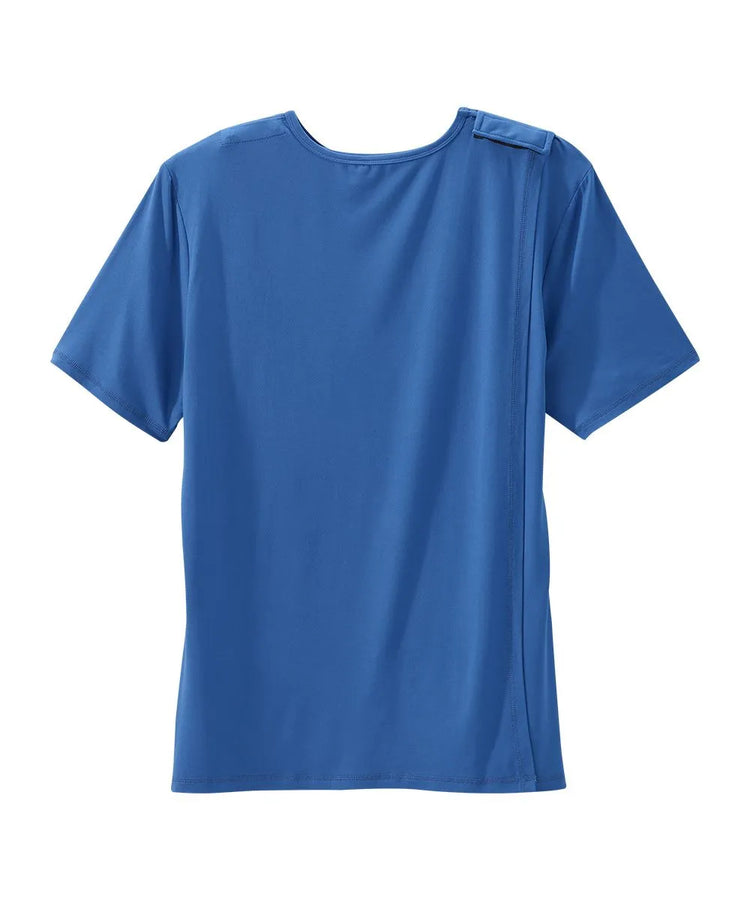 Electric Blue crew neck t shirt with back closure snaps back view.