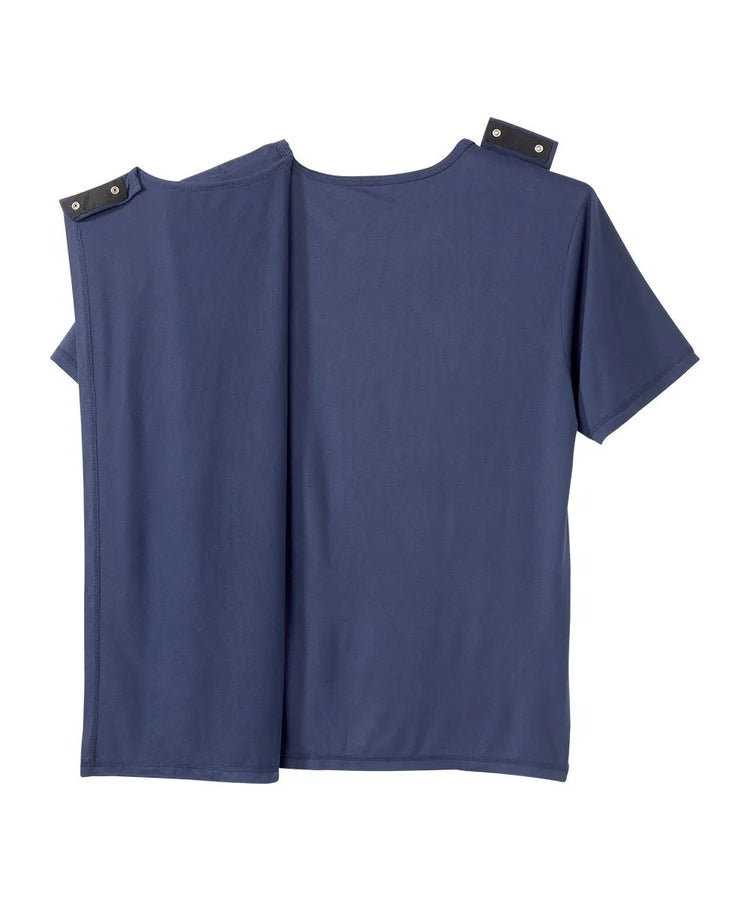 Navy crew neck t shirt with back closure snaps.