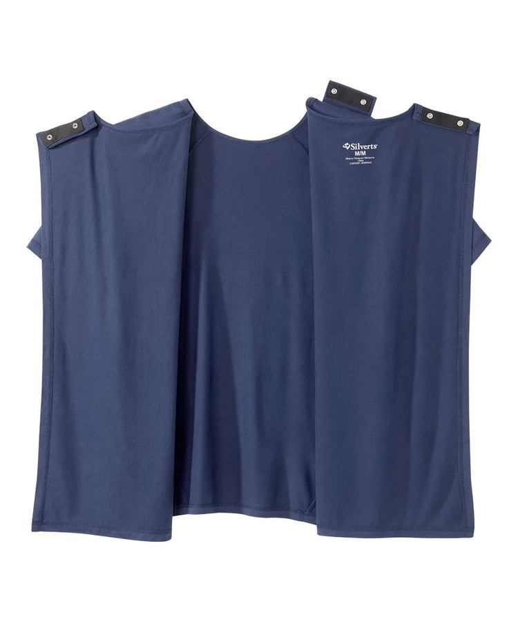 Navy open crew neck t shirt with back closure snaps.