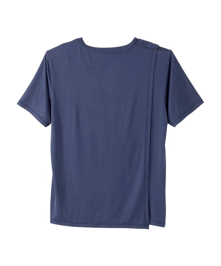Navy crew neck t shirt with back closure snaps.