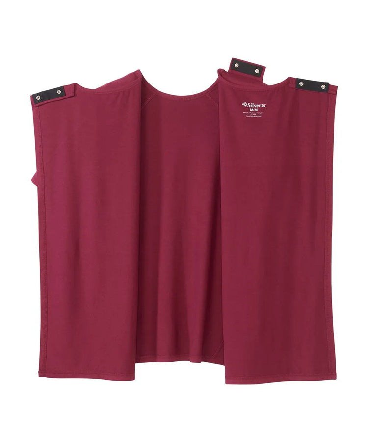 Wine crew neck t shirt with back closure snaps.