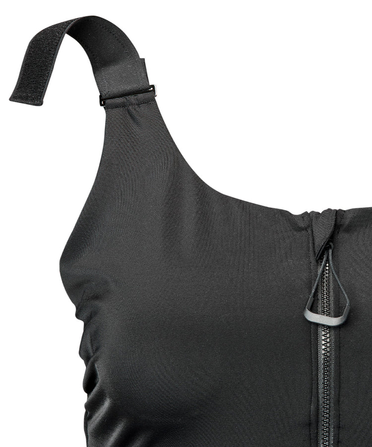 Women's tankini with zip front close up on sleeve