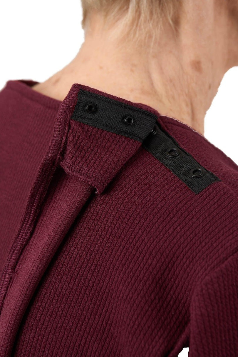 Womens Open-Back Easy Dressing Cable Knit Shirt |Easy-Dress Snap Closure Adaptive Top L / Burgundy | Chloe