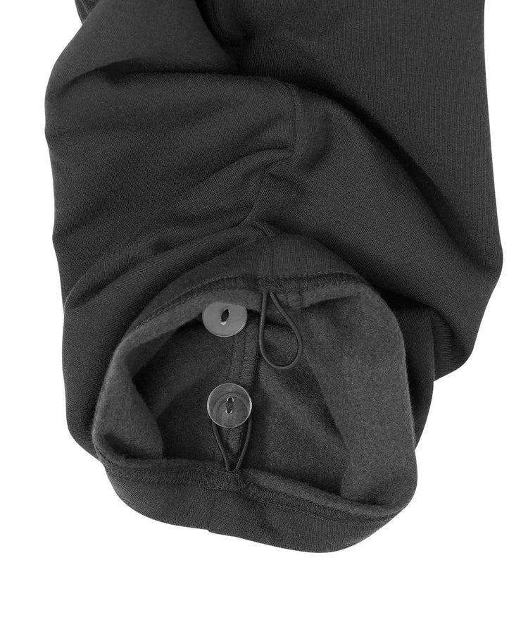 June Adaptive Men's Open Back Fleece Pants in grey, detailed view showing the elasticized waist and adaptive features.