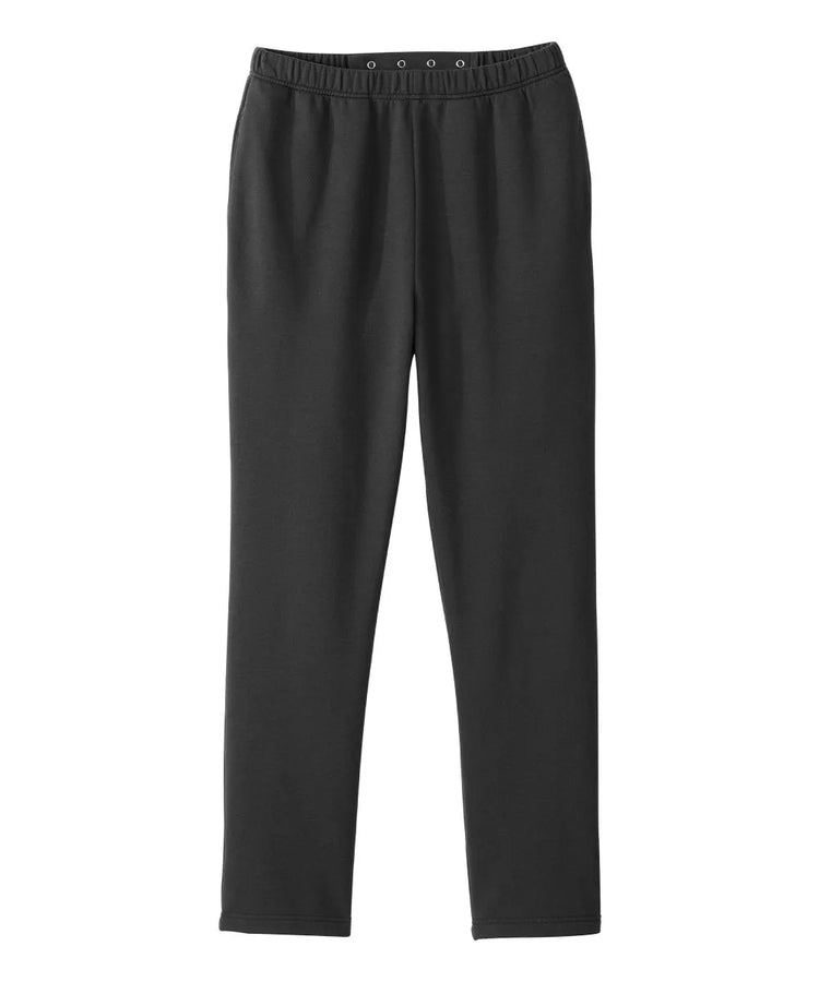 Front view of June Adaptive Men's Open Back Fleece Pants in Black, highlighting the adjustable dome closures and full elasticized waist