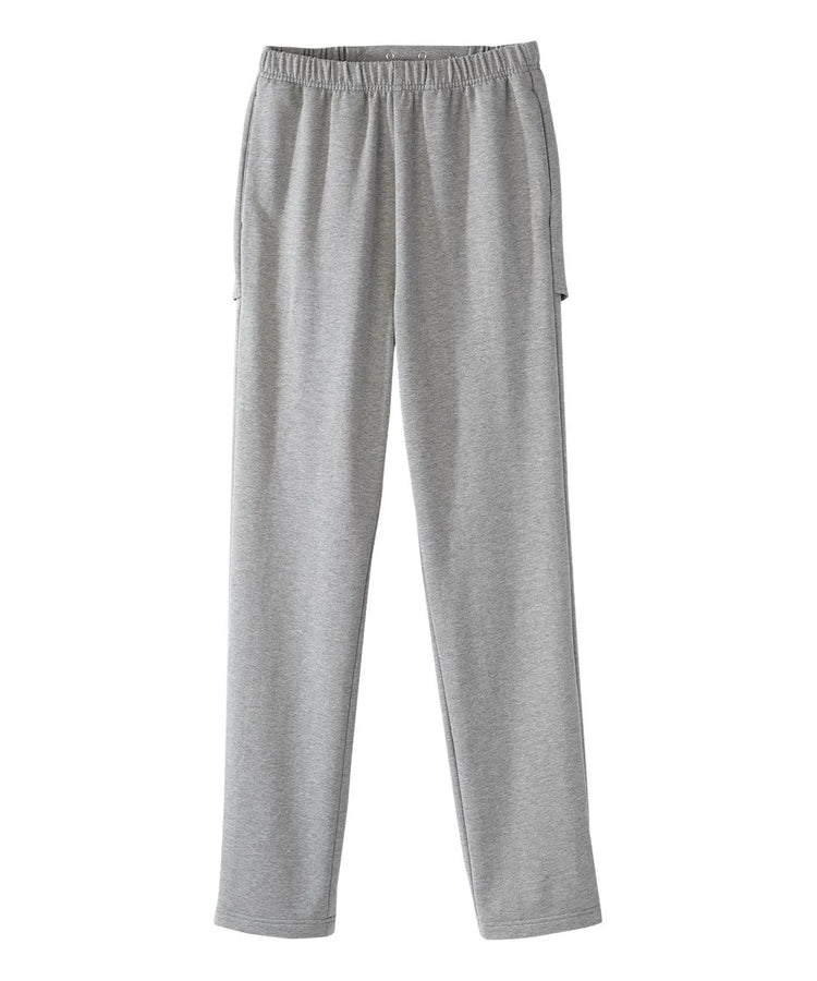 Front view of June Adaptive Men's Open Back Fleece Pants in grey, highlighting the adjustable dome closures and full elasticized waist.