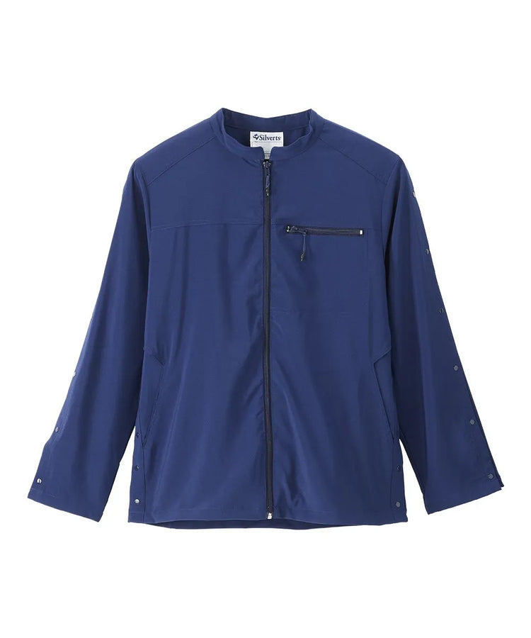 Front view of June Adaptive Senior Men's Zip Front Jacket in navy, showcasing the zipper closure and chest pocket.