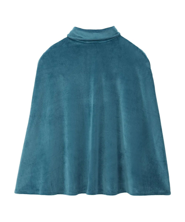 Navy women's cozy sleep cape on a white background, featuring a soft fleece texture and a comfortable draped design for easy wear.