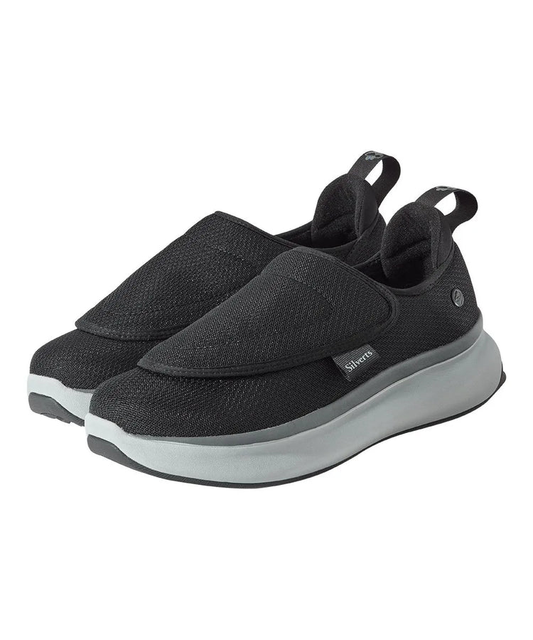 men's extra-wide adaptive shoes with easy-touch closures in a stylish black and gray design, ideal for enhanced walking comfort