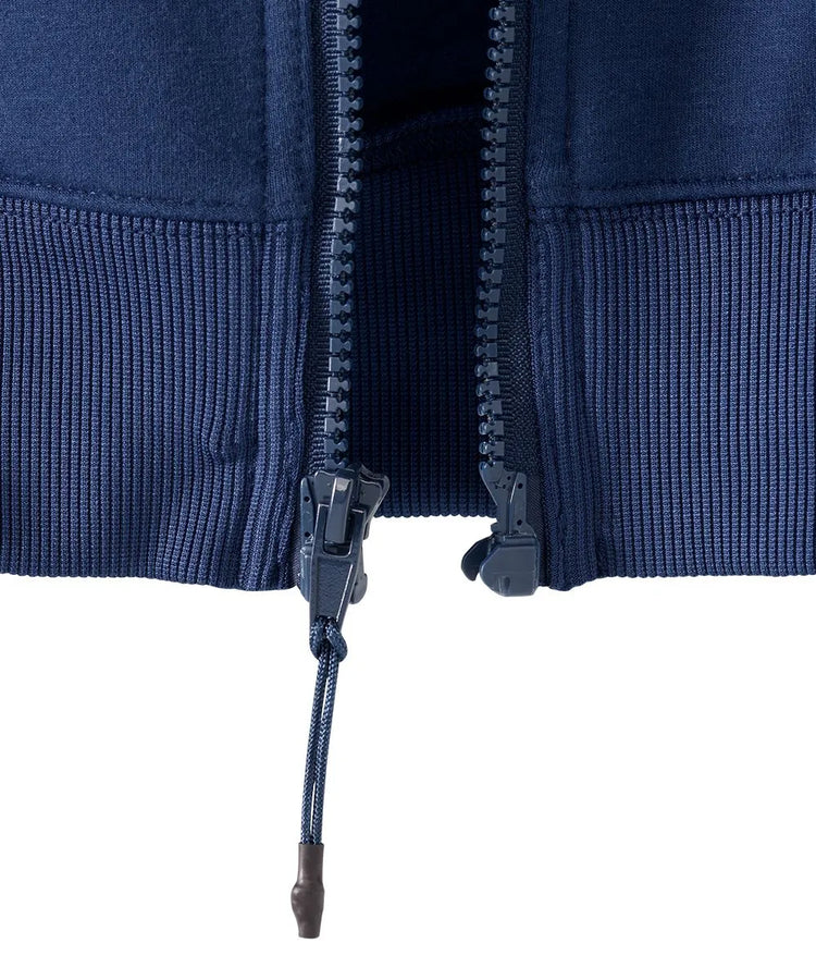 Close-up on the magnetic zipper closure of the June Adaptive Men’s Hoodie in Navy Blue, emphasizing the easy-grip design.