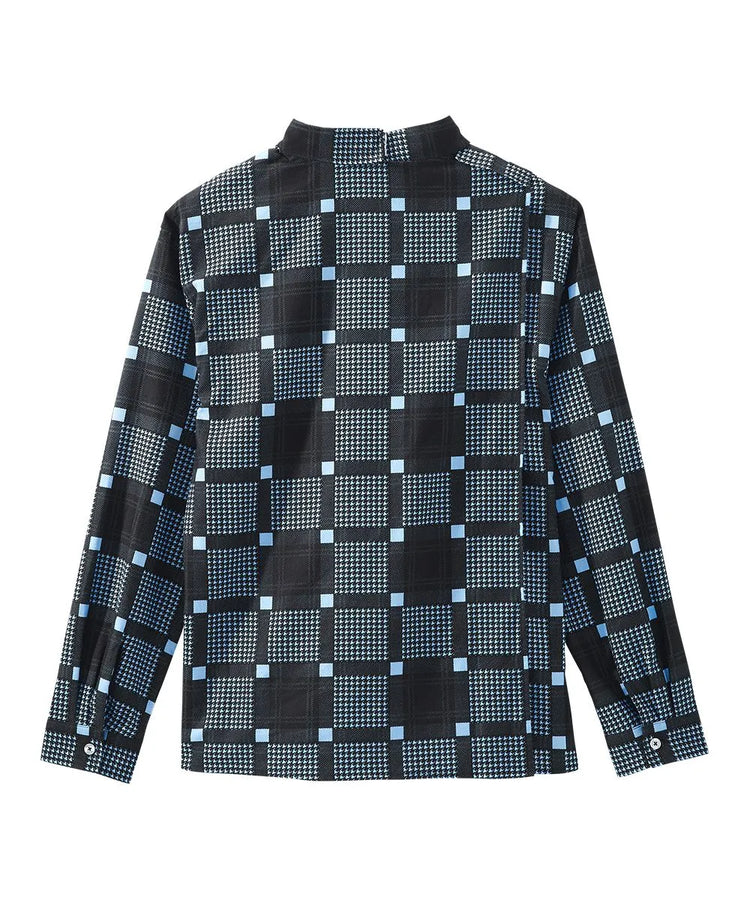Men's Open Back Flannel Shirt in black and blue checkered pattern, back view showing snap closures