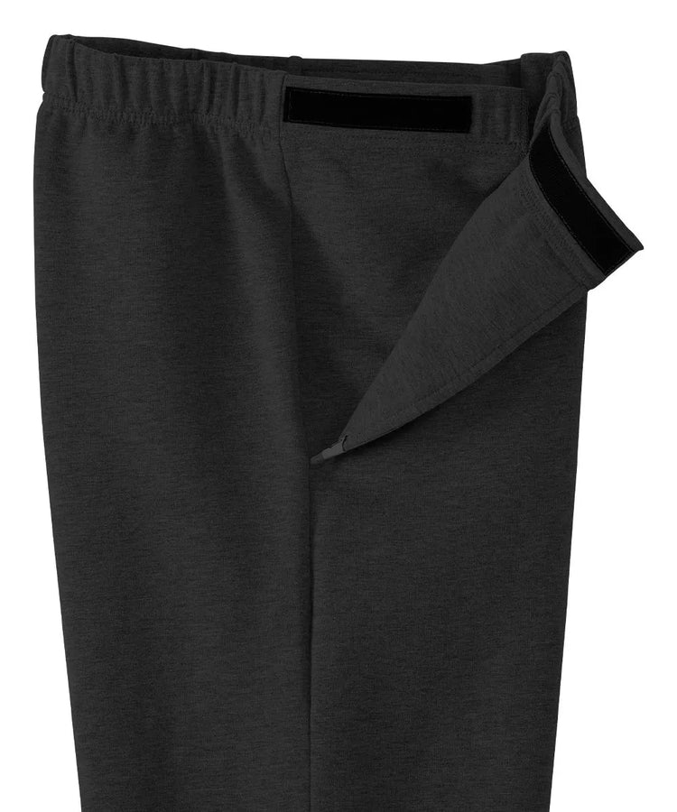 Close-up on the side closure system of June Adaptive Men’s Fleece Pants in Black, showing Velcro details for easy dressing