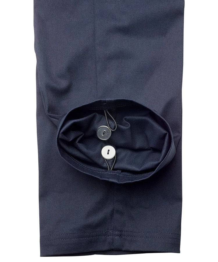 Navy open-back cotton trousers for men - button detail