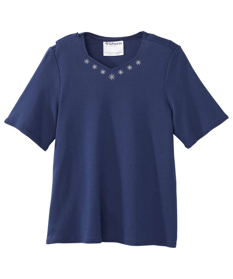 Women's Navy Diamond neck tee with back overlap front