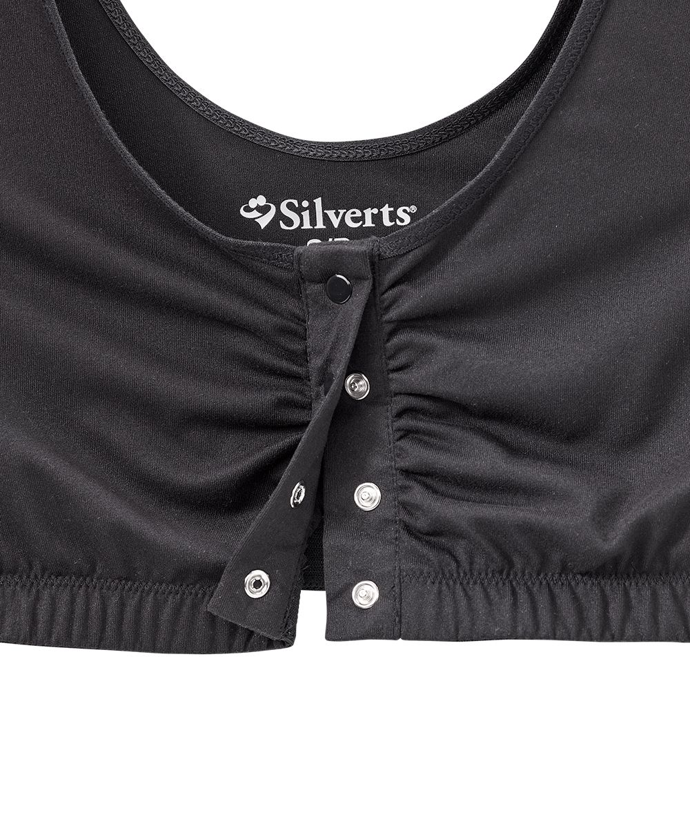 Open Women's Front Snap Closure Adaptive Bra Black open zoomed in