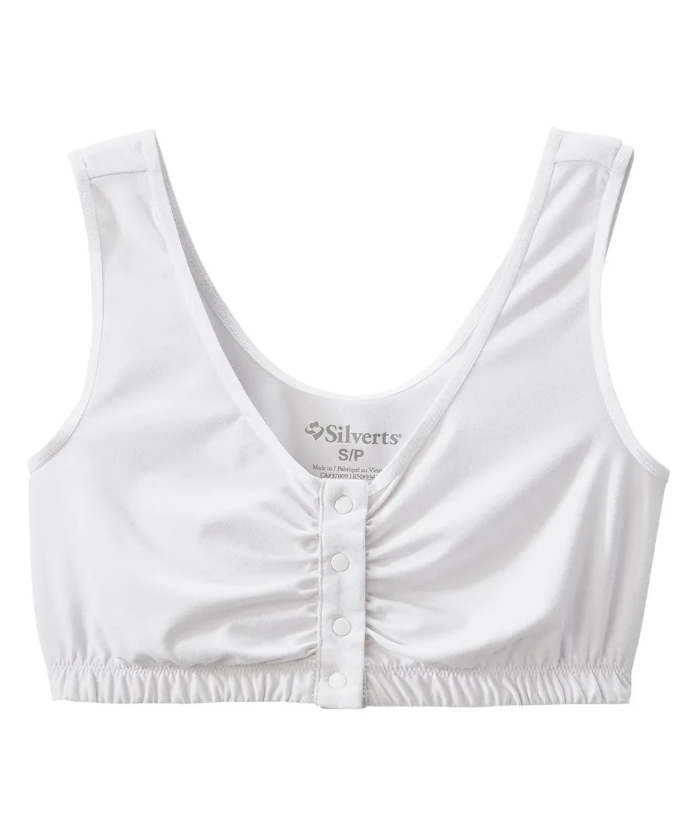 Front of Women's Front Snap Closure Adaptive Bra White front view closed