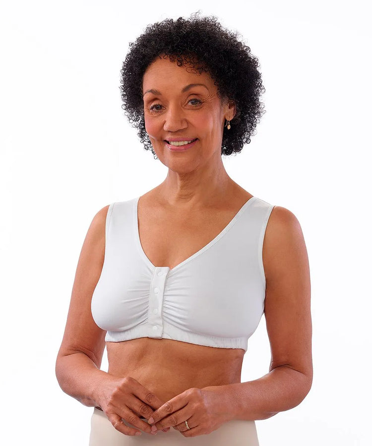 Front of Women's Front Snap Closure Adaptive Bra white on model