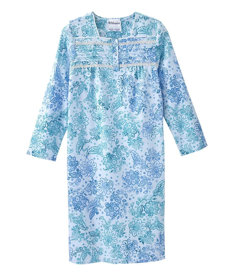 Front view of June Adaptive Women's No Peek Open Back Flannel Nightgown in blue floral pattern, highlighting the lace and pleated details on the chest.