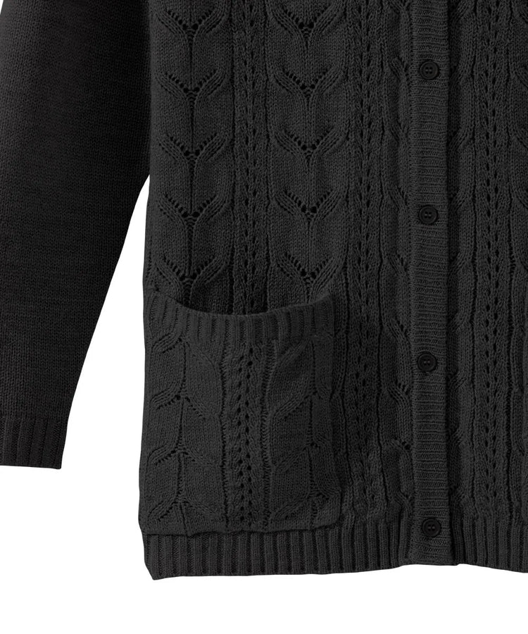Detail of June Adaptive Women's Cardigan in Black focusing on the intricate cable knit pattern and buttoned front.