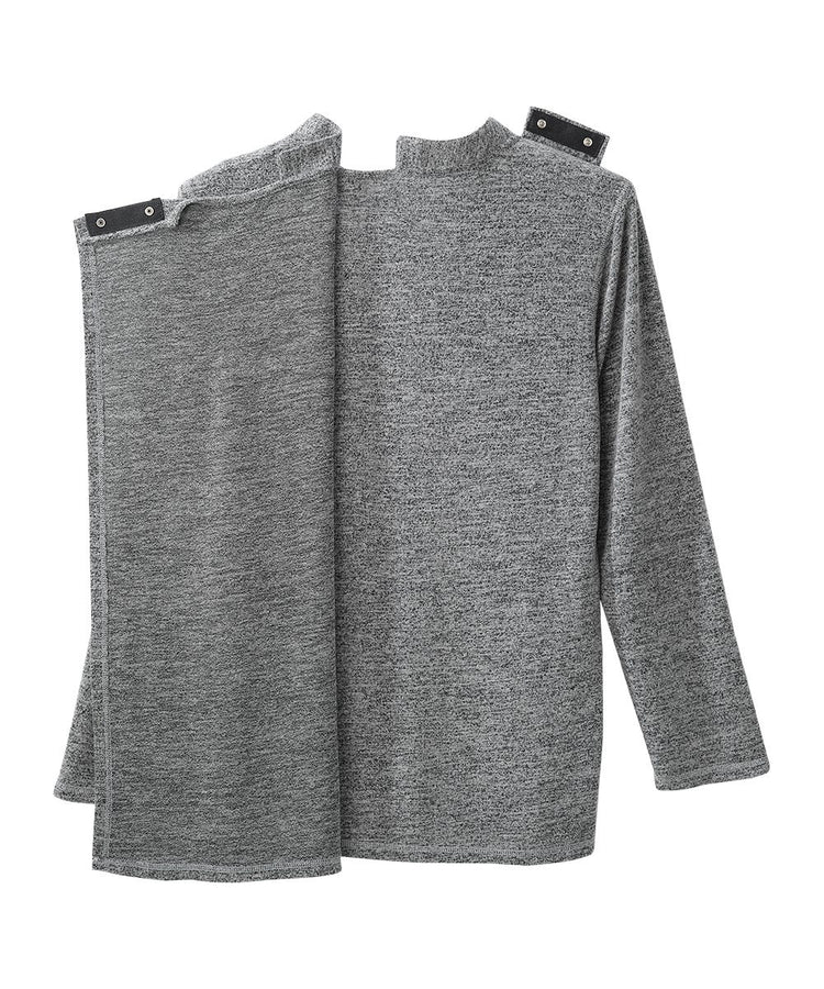 Semi opened back view of Black Heather Men's Long Sleeve Henley Shirt with Back Overlap