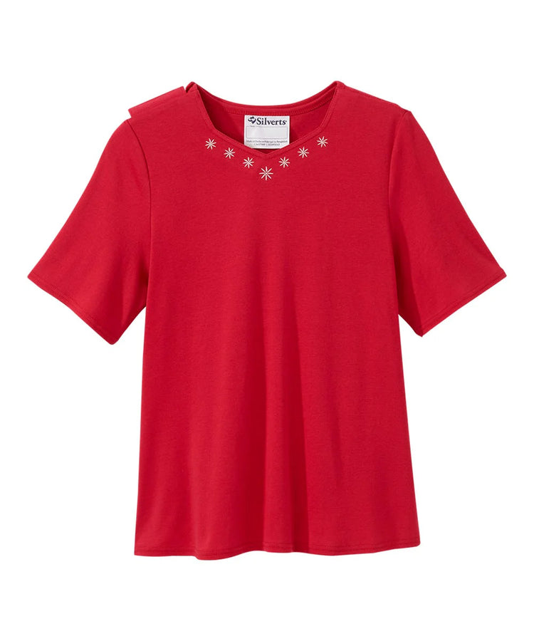 Women's Red Diamond neck tee with back overlap front