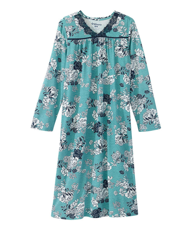 Women's Lace Trim Nightgown with Back Overlap aqua front