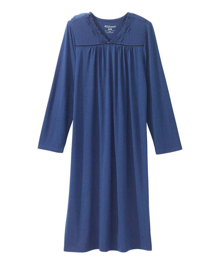 Women's Lace Trim Nightgown with Back Overlap blue front