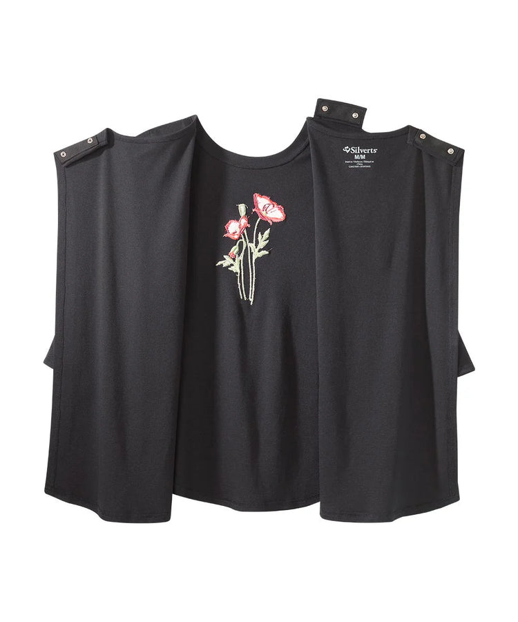 Women's Embroidered Flower Tee with Open Back black open back