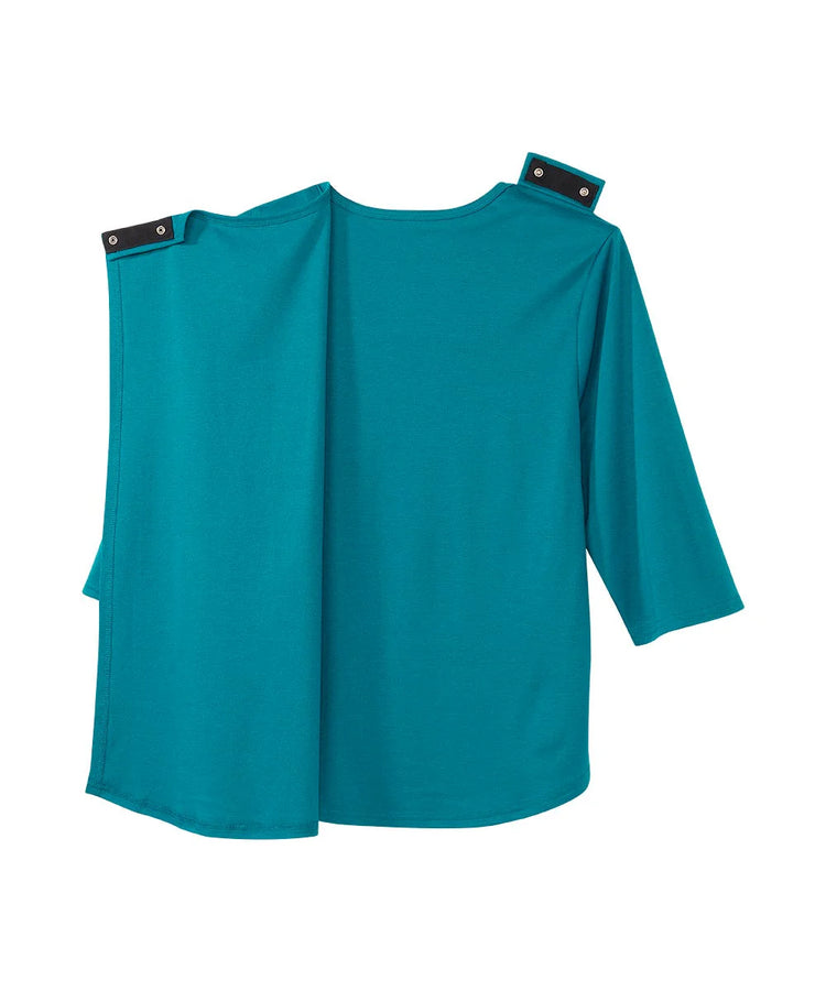 Women's Embroidered Flower Tee with Open Back blue half opened