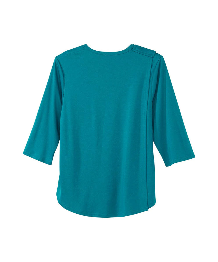 Women's Embroidered Flower Tee with Open Back blue closed back