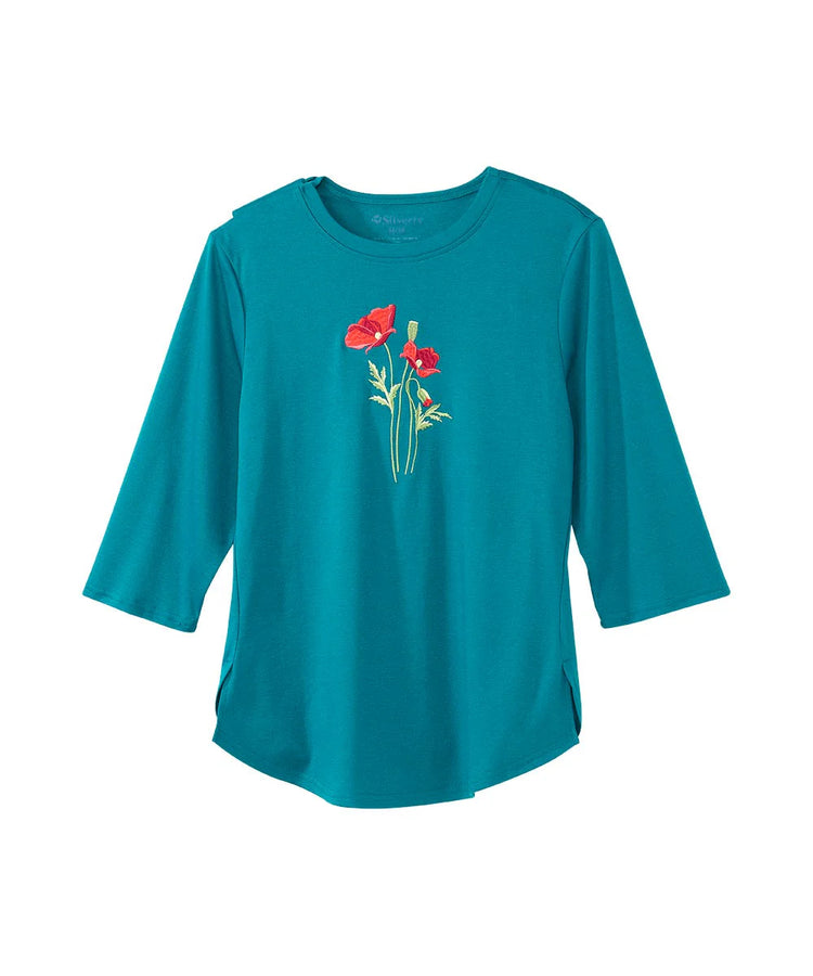 Women's Embroidered Flower Tee with Open Back blue front