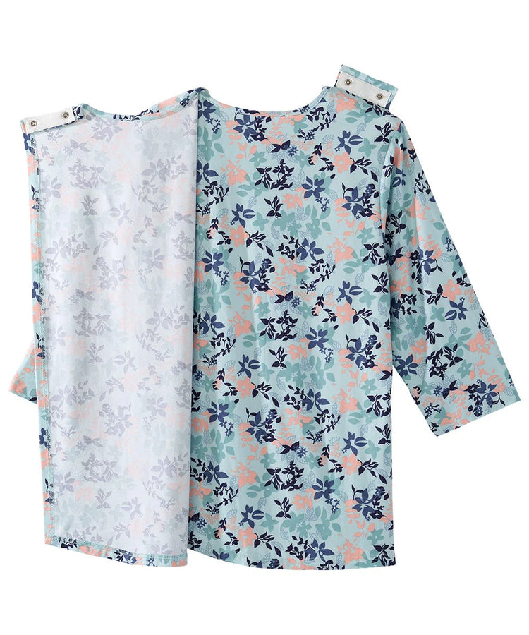 Women's Faux Button Top with Back Overlap Aqua Garden Front