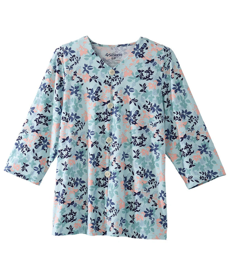 Women's Faux Button Top with Back Overlap Aqua Garden Front