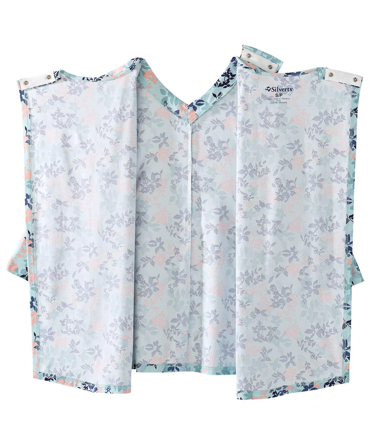 Women's Faux Button Top with Back Overlap Aqua Garden Open Back