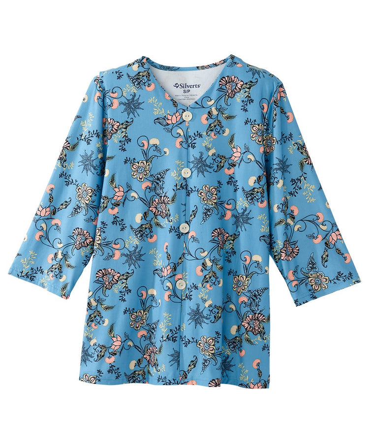 Women's Faux Button Top with Back Overlap Blue Blossom front