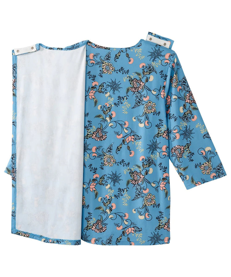 Women's Faux Button Top with Back Overlap Blue Blossom semi back