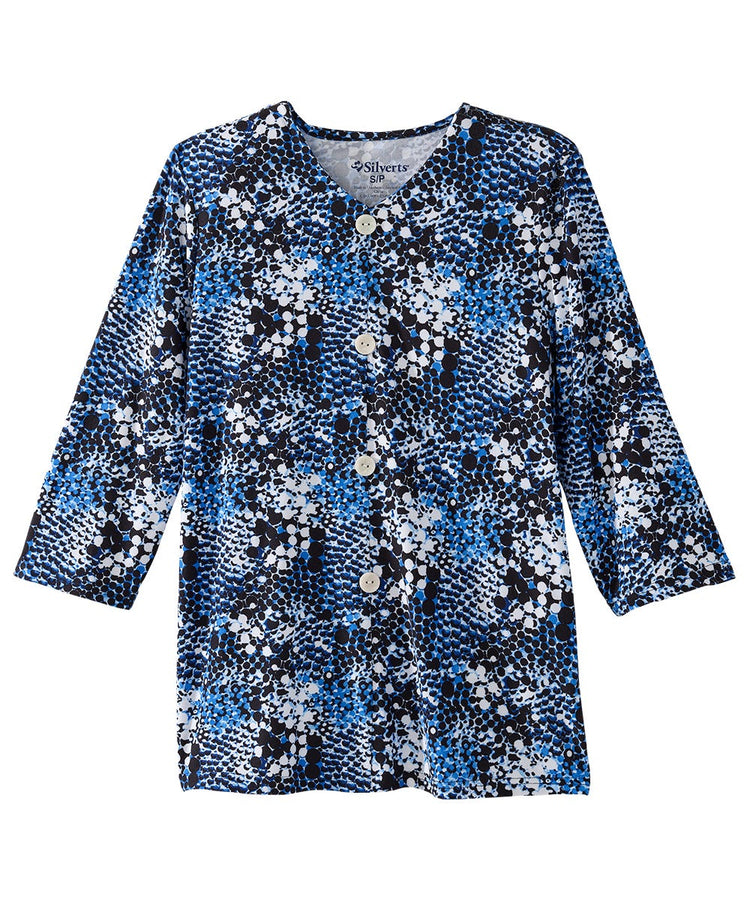 Women's Faux Button Top with Back Overlap Blue Bubble front