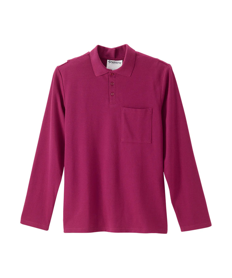 front of men's polo shirt in cranberry